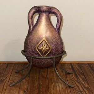 Vintage Mexican flat vase, Purple and Gold Decorative with stand